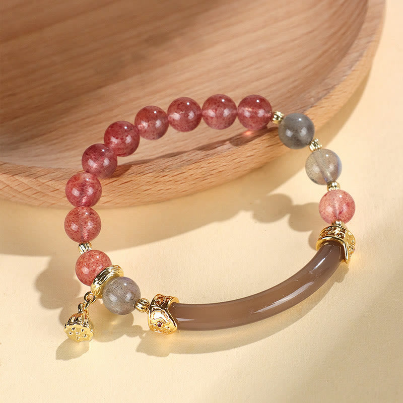 Buddha Stones Strawberry Quartz Labradorite Fluorite Pearl Cuff Half Bracelet Bangle Bracelet BS 2