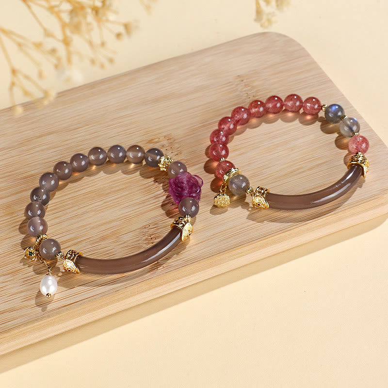 Buddha Stones Strawberry Quartz Labradorite Fluorite Pearl Cuff Half Bracelet Bangle Bracelet BS 13