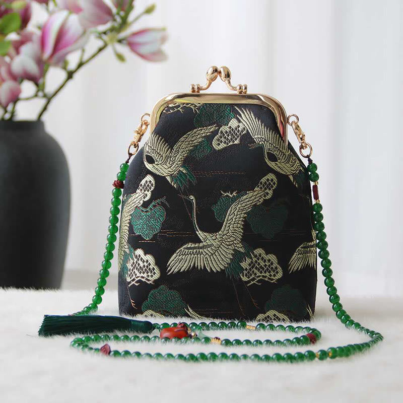 Buddha Stones Retro Chinese Embroidery Pearl Chain Crossbody Bag Shoudler Bag - Black Crane 14*6*18cm - image 1