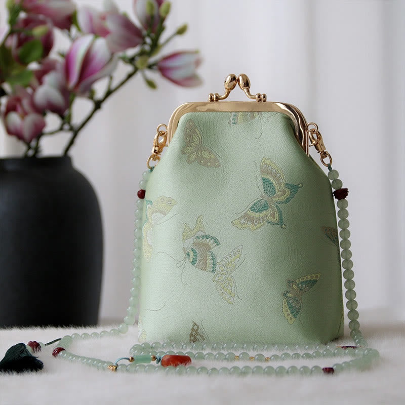 Buddha Stones Retro Chinese Embroidery Pearl Chain Crossbody Bag Shoudler Bag - PaleGreen Butterfly 14*6*18cm - image 3