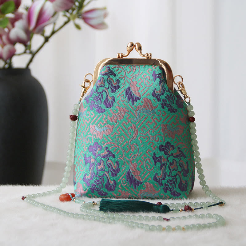 Buddha Stones Retro Chinese Embroidery Pearl Chain Crossbody Bag Shoudler Bag - MediumSpringGreen Flower 14*6*18cm - image 18
