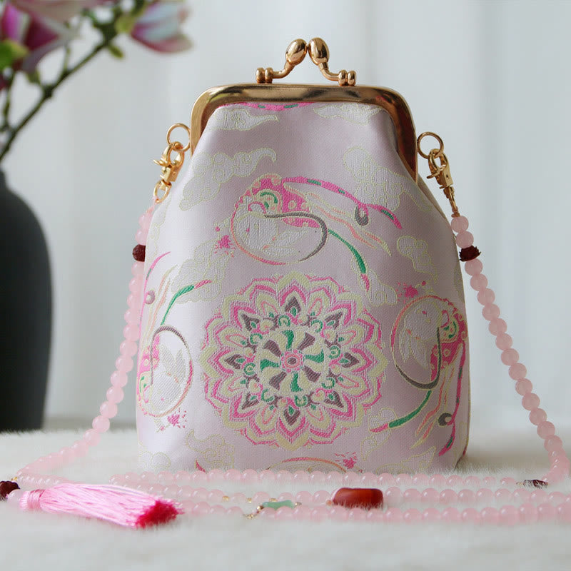 Buddha Stones Retro Chinese Embroidery Pearl Chain Crossbody Bag Shoudler Bag - Pink Mandala 14*6*18cm - image 15