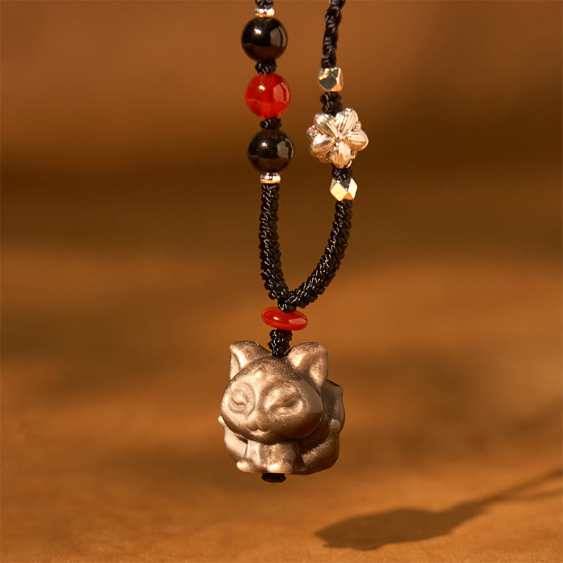 Foviel Natural Silver Sheen Obsidian Nine Tailed Fox Protection Necklace Pendant