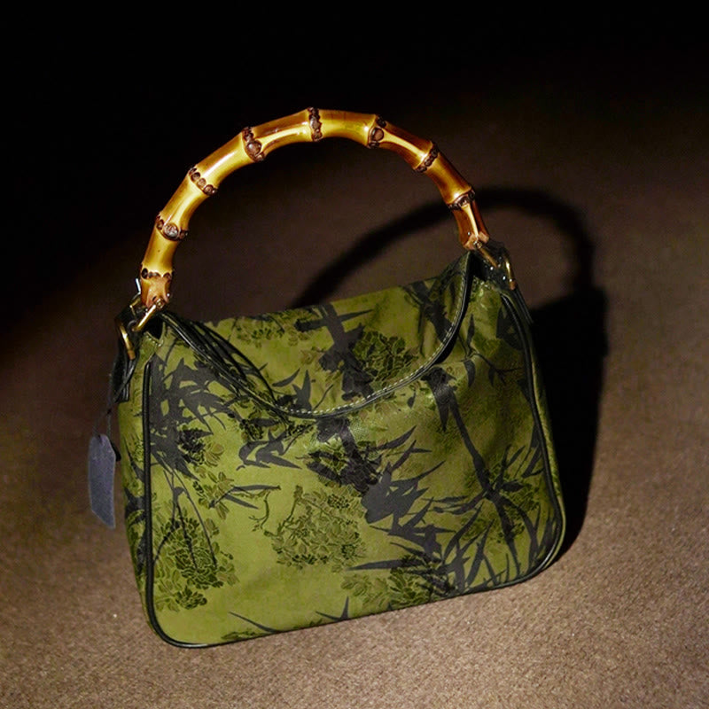 Buddha Stones Lush Bamboo Handle Xiangyunsha Silk Crossbody Bag Hangbags Crossbody Bag&Handbags BS 4