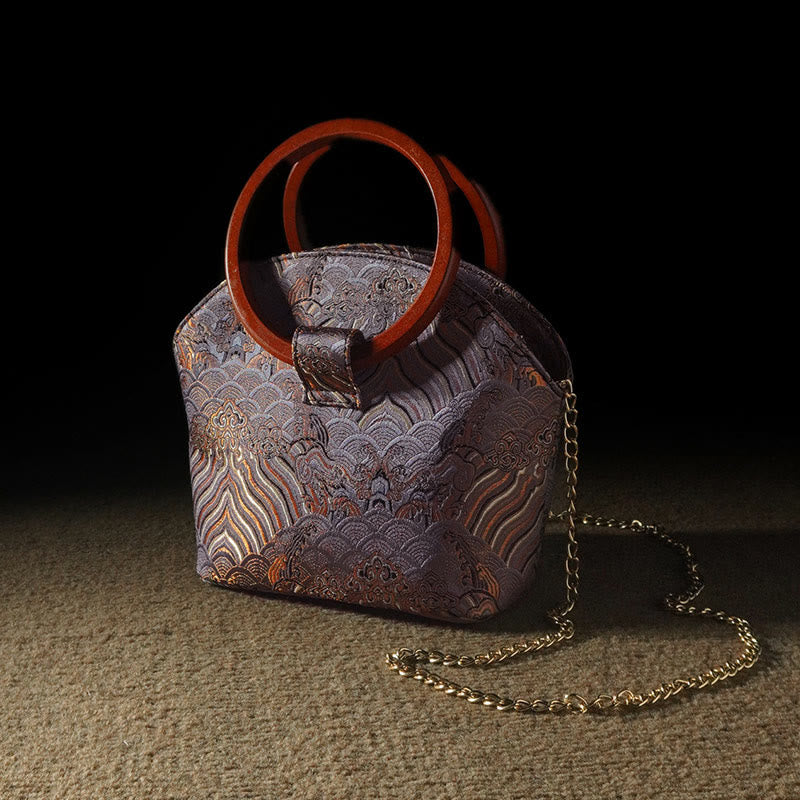 Buddha Stones Crane Deer Seawater Wave Wood Handle Metal Chain Change Purse Crossbody Bag Hangbags Crossbody Bag&Handbags BS DarkMagenta Seawater Wave Metal Chain 19*18*11cm