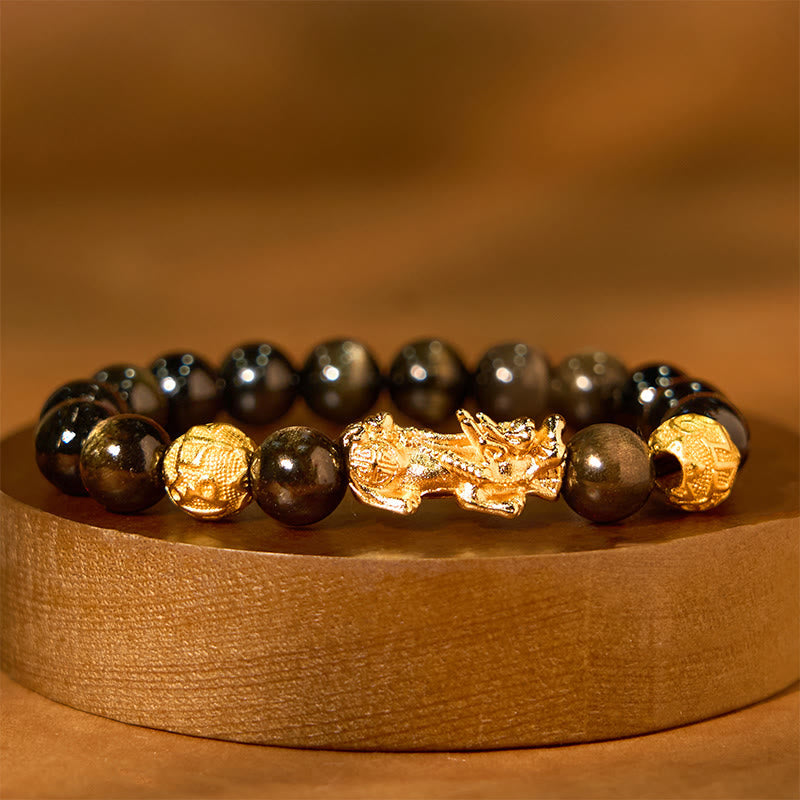 Foviel Natural Gold Sheen Obsidian PiXiu Om Mani Padme Hum Wealth Bracelet