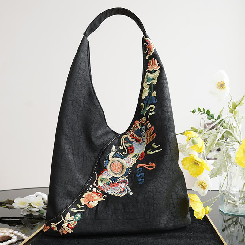 Buddha Stones Fish Flower Phoenix Embroidery Xiangyunsha Silk Shoulder Bag Shoulder Bag BS Black Fish Flower Embroidery 53*14*36cm