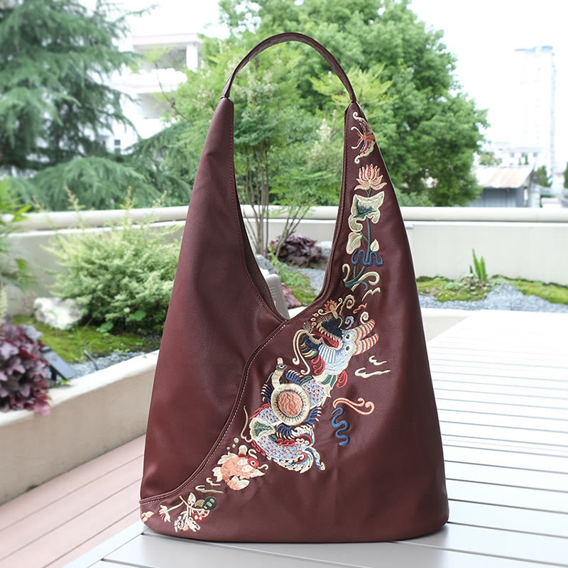Buddha Stones Fish Flower Phoenix Embroidery Xiangyunsha Silk Shoulder Bag Shoulder Bag BS SaddleBrown Fish Flower Embroidery 53*14*36cm