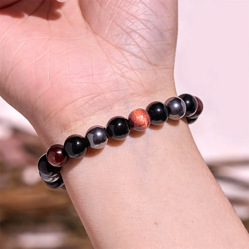Bracelet Foviel puissant et positif en œil de tigre, obsidienne et hématite