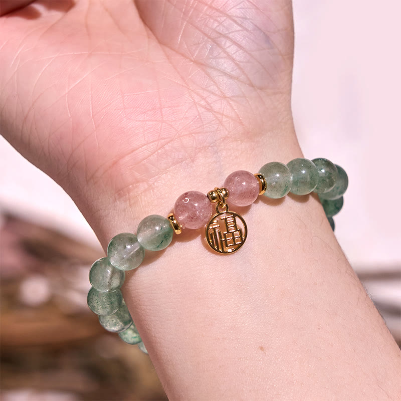 Bracelet Foviel en quartz fraise vert naturel apaisant avec motif Fu