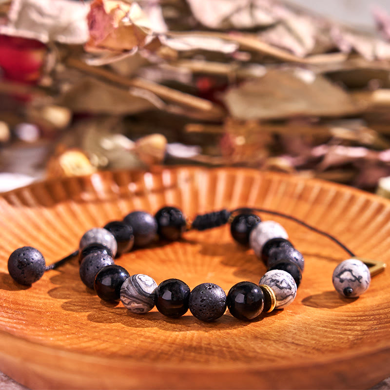 Foviel Black Obsidian Lava Rock Stone Yin Yang Strength Bracelet