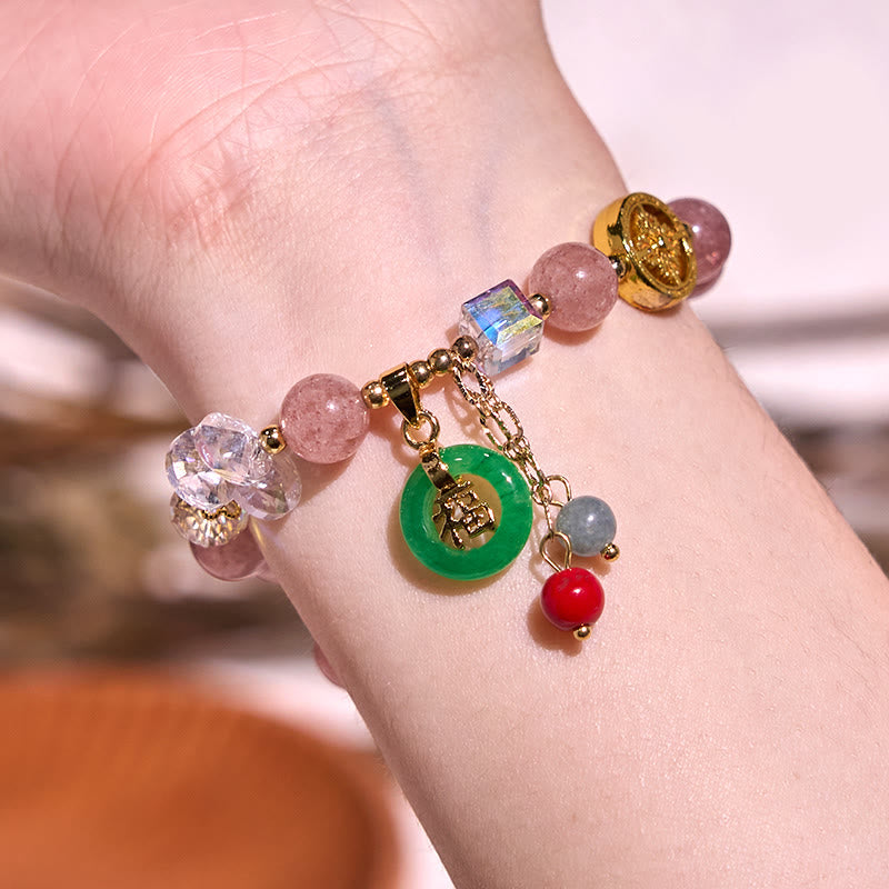 Foviel Erdbeerquarz Jade Fu Charakter Charm Heilendes Armband
