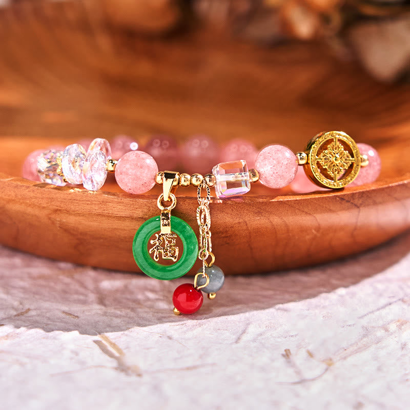 Bracelet de guérison Foviel avec quartz fraise, jade et breloque caractère Fu