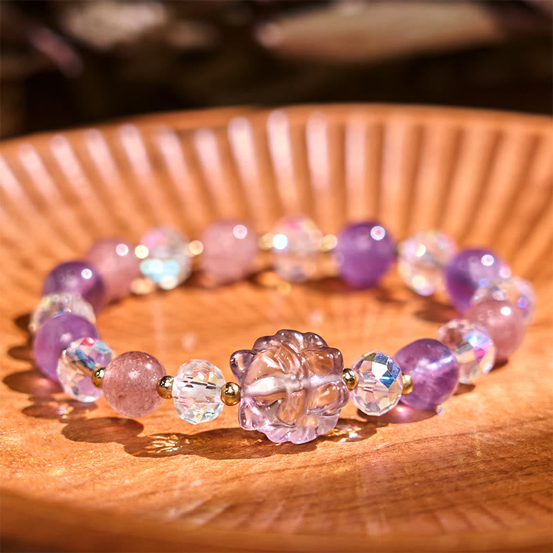 Foviel Amethyst Strawberry Quartz White Crystal Nine Tailed Fox Meditation Bracelet