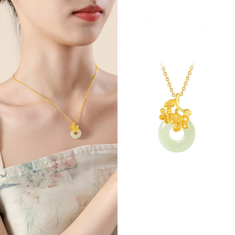 Buddha Stones Hetian Jade 999 Sterling Silver Peace Buckle Peach Blossom Necklace Pendant Necklaces & Pendants BS 3