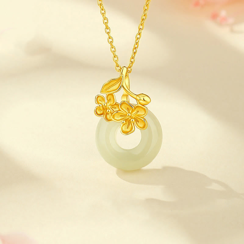 Buddha Stones Hetian Jade 999 Sterling Silver Peace Buckle Peach Blossom Necklace Pendant Necklaces & Pendants BS Golden 999 Sterling Silver Hetian Jade