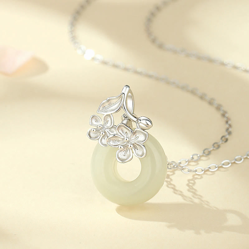 Buddha Stones Hetian Jade 999 Sterling Silver Peace Buckle Peach Blossom Necklace Pendant Necklaces & Pendants BS 9