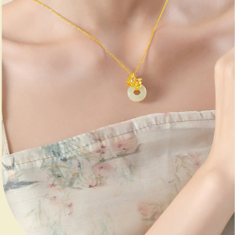Buddha Stones Hetian Jade 999 Sterling Silver Peace Buckle Peach Blossom Necklace Pendant Necklaces & Pendants BS 2