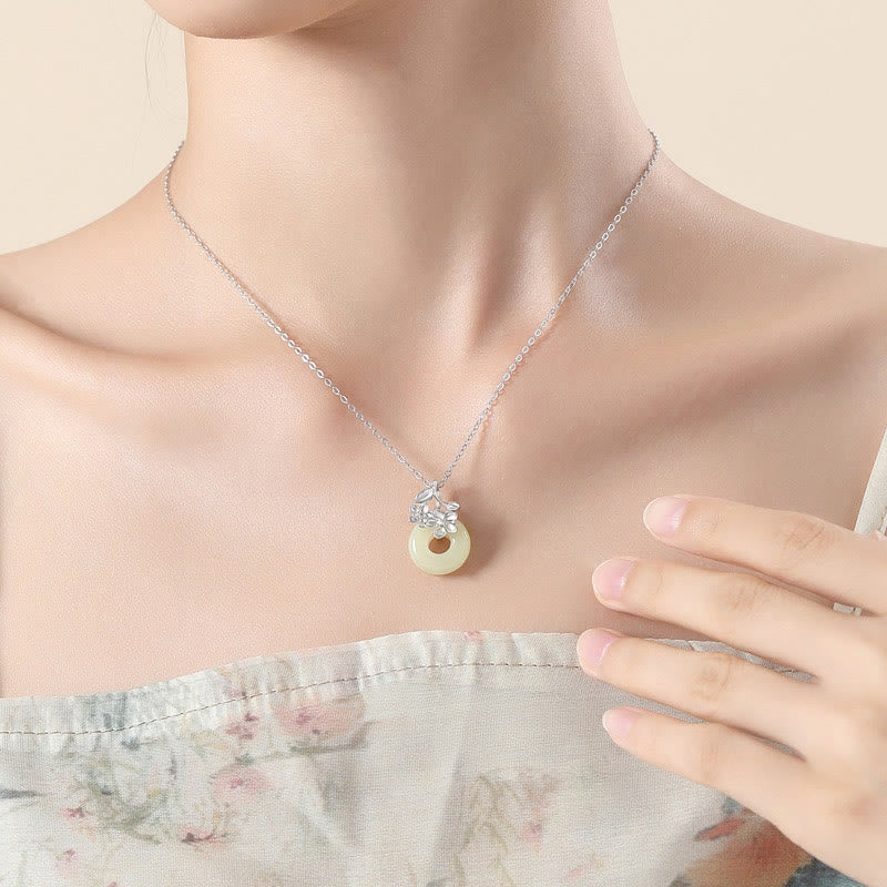 Buddha Stones Hetian Jade 999 Sterling Silver Peace Buckle Peach Blossom Necklace Pendant Necklaces & Pendants BS 11