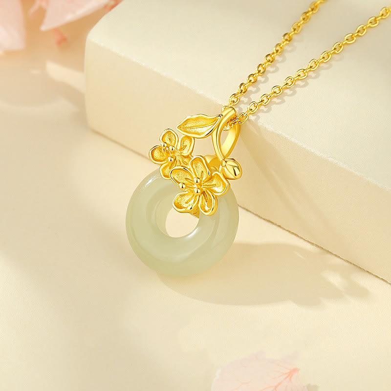 Buddha Stones Hetian Jade 999 Sterling Silver Peace Buckle Peach Blossom Necklace Pendant Necklaces & Pendants BS 1