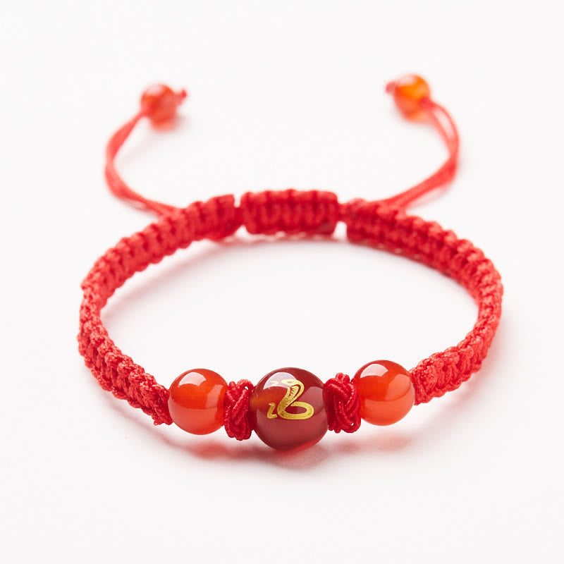 Buddha Stones Natural Red Agate Chinese Zodiac Red String Braided Protection Luck Bracelet Bracelet BS Red Agate Chinese Zodiac-Snake