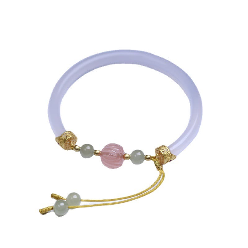 Buddha Stones Natural White Agate Lotus Hetian Jade Beads Positive Bracelet Bangle Bracelet Bangle BS 4