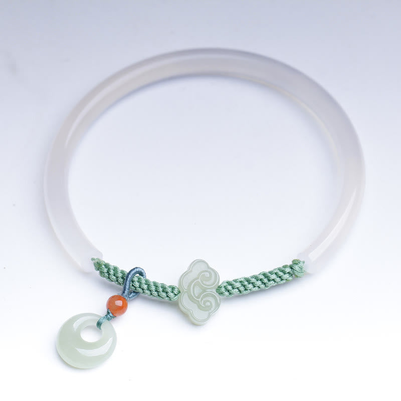 Buddha Stones Natural White Agate Hetian Jade Peace Buckle Auspicious Clouds Positive Bracelet Bangle Bracelet Bangle BS 9