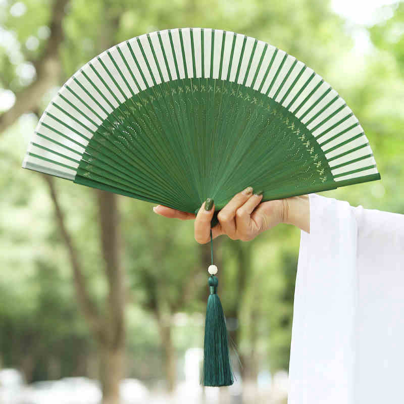 Buddha Stones Solid Color Dragonfly Tassel Handheld Mulberry Silk Bamboo Folding Fan Folding Fan BS 9