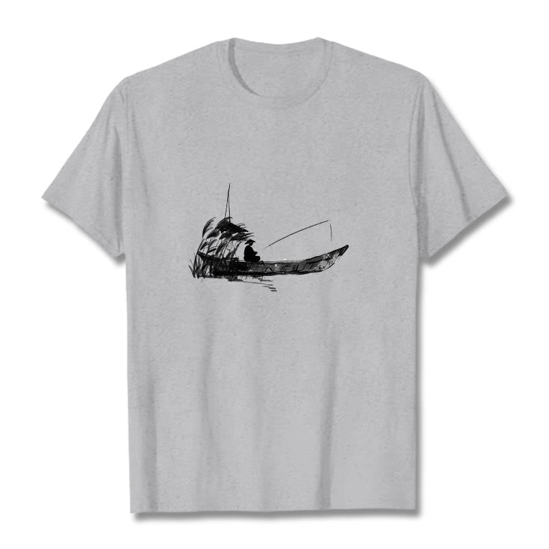 Foviel Boot Fischen Gras Muster Baumwolle Tee T-Shirt