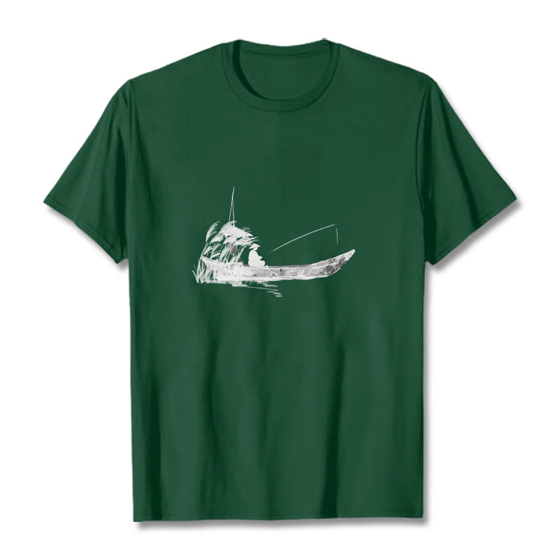 Foviel Boot Fischen Gras Muster Baumwolle Tee T-Shirt
