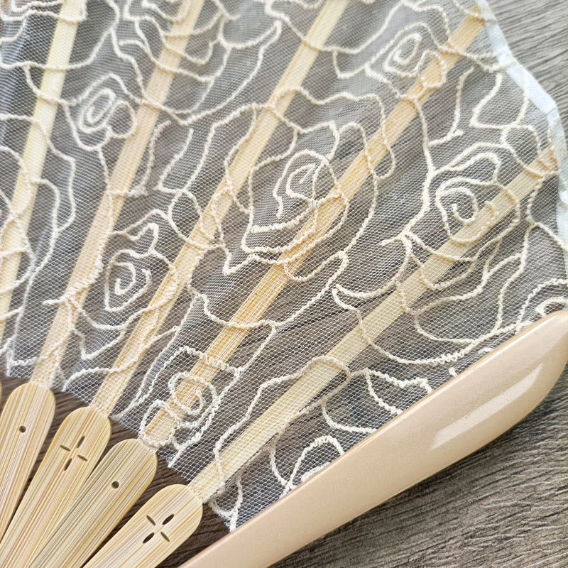 Buddha Stones Rose Embroidery Lace Shell Shape Tassels Handheld Bamboo Folding Fan Folding Fan BS 12
