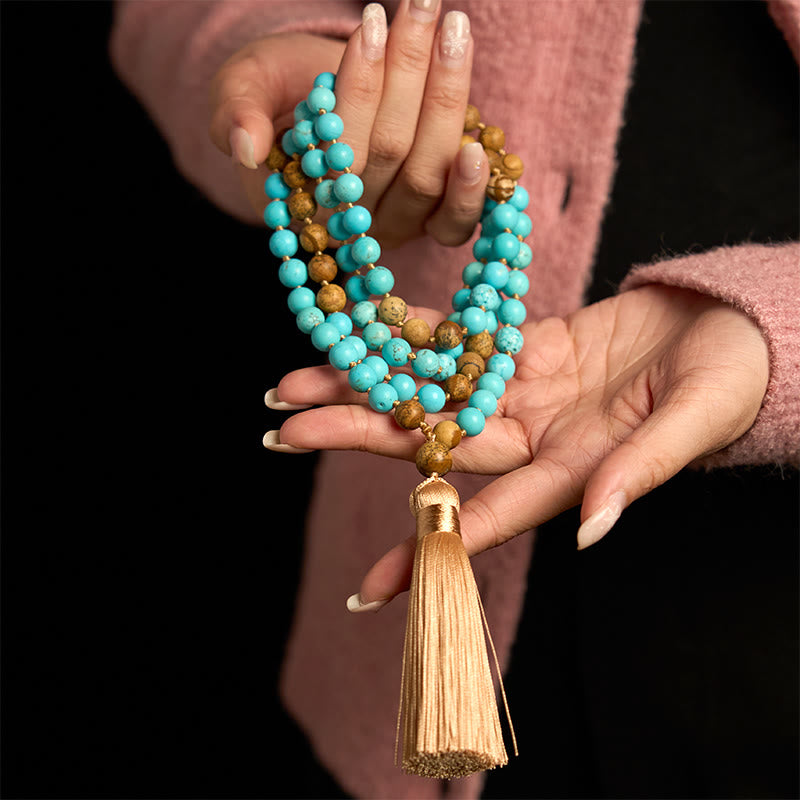 Bracelet Foviel 108 perles Mala en turquoise et jaspe paysage avec pompon pour l'équilibre