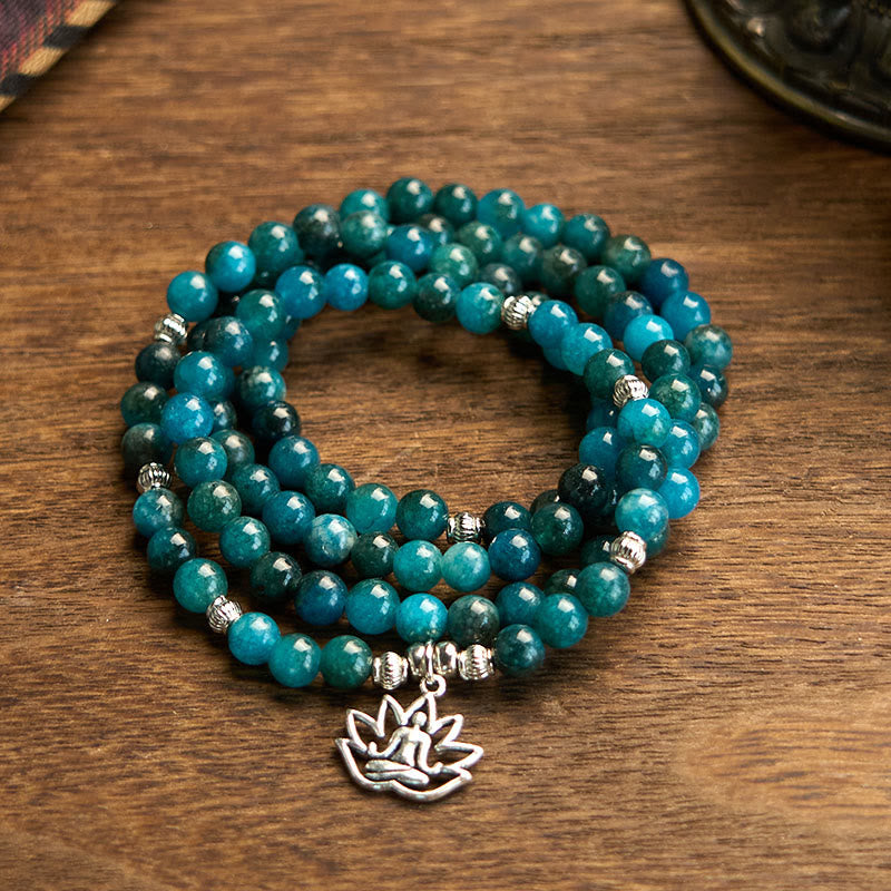 Buddha Stones 108 Mala Beads Apatite Bead Om The Tree Of Life Lotus Bracelet - Apatite-Lotus - image 11