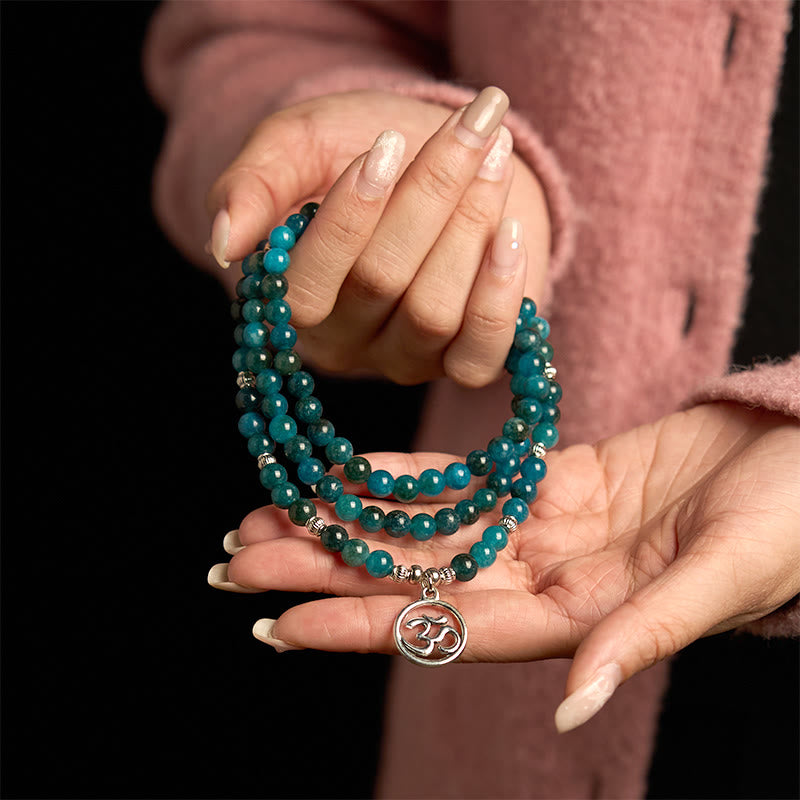 Buddha Stones 108 Mala Beads Apatite Bead Om The Tree Of Life Lotus Bracelet - image 2