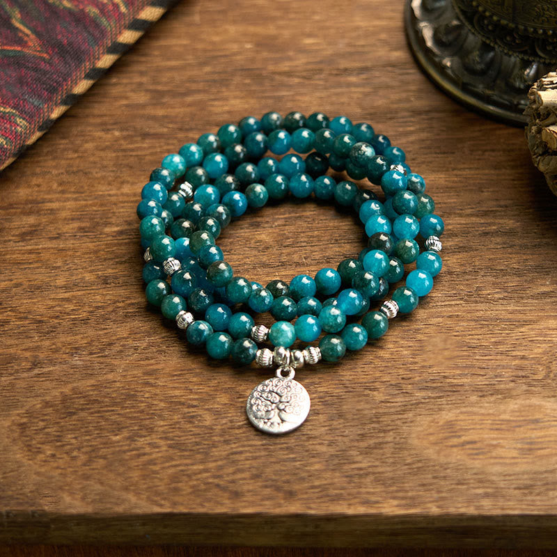 Buddha Stones 108 Mala Beads Apatite Bead Om The Tree Of Life Lotus Bracelet - Apatite-The Tree Of Life - image 6