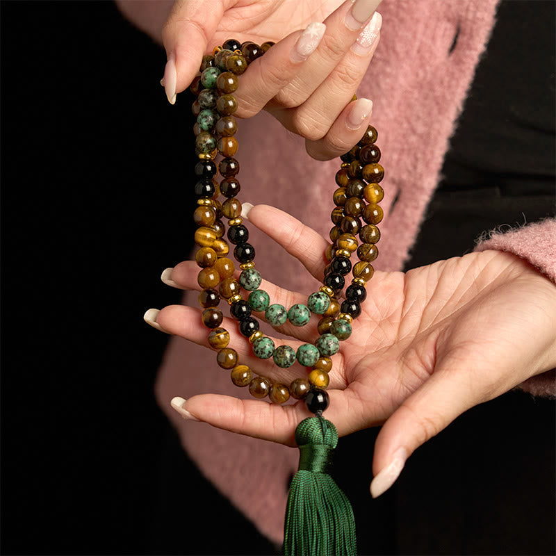Bracelet Mala 108 perles en pierre naturelle œil de tigre et turquoise avec pompon de protection Foviel