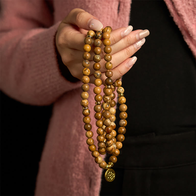 Foviel 108 Beads Picture Jasper Mala Lotus Courage Bracelet
