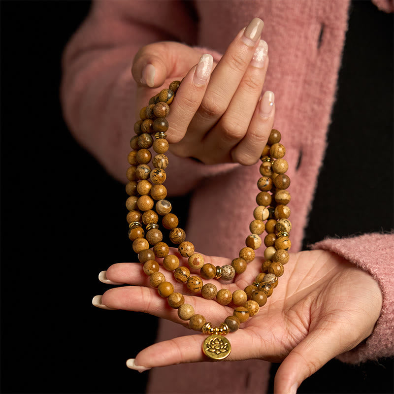 Foviel 108 Beads Picture Jasper Mala Lotus Courage Bracelet