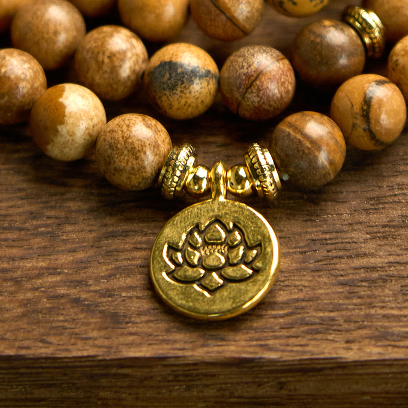 Foviel 108 Perlen Bild Jasper Mala Lotus Mut Armband