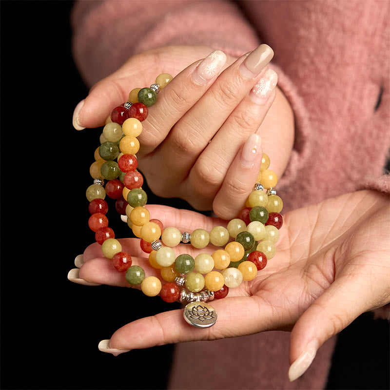 Buddha Stones 108 Mala Beads Natural Colored Stone Topaz Red Jasper Green Jasper Lotus Protection Bracelet - image 4