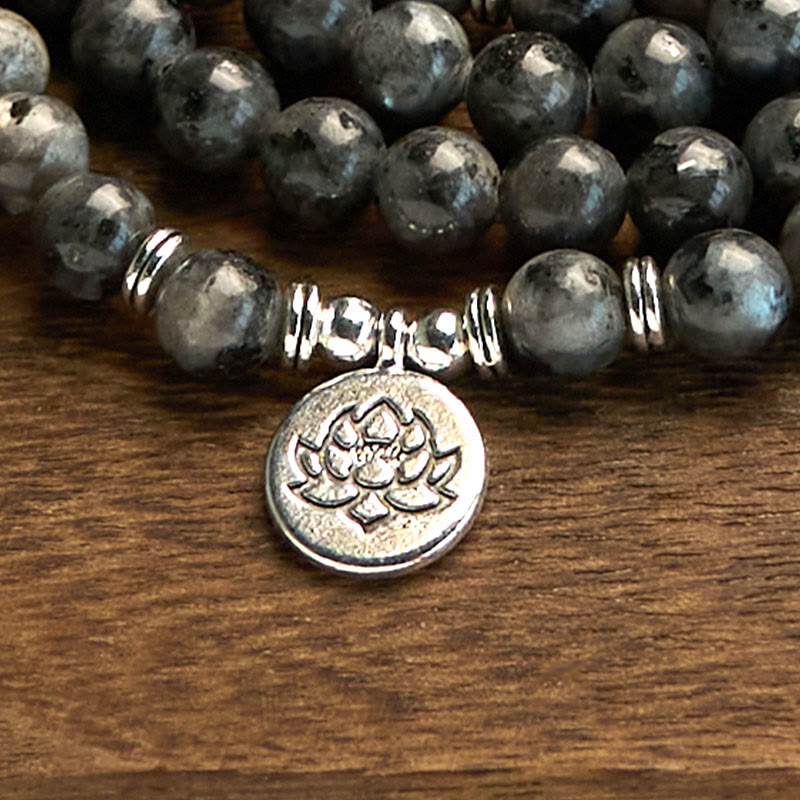 Buddha Stones 108 Mala Beads Multi-layer Natural Black Glitter Stone Lotus Positivity Bracelet - image 5