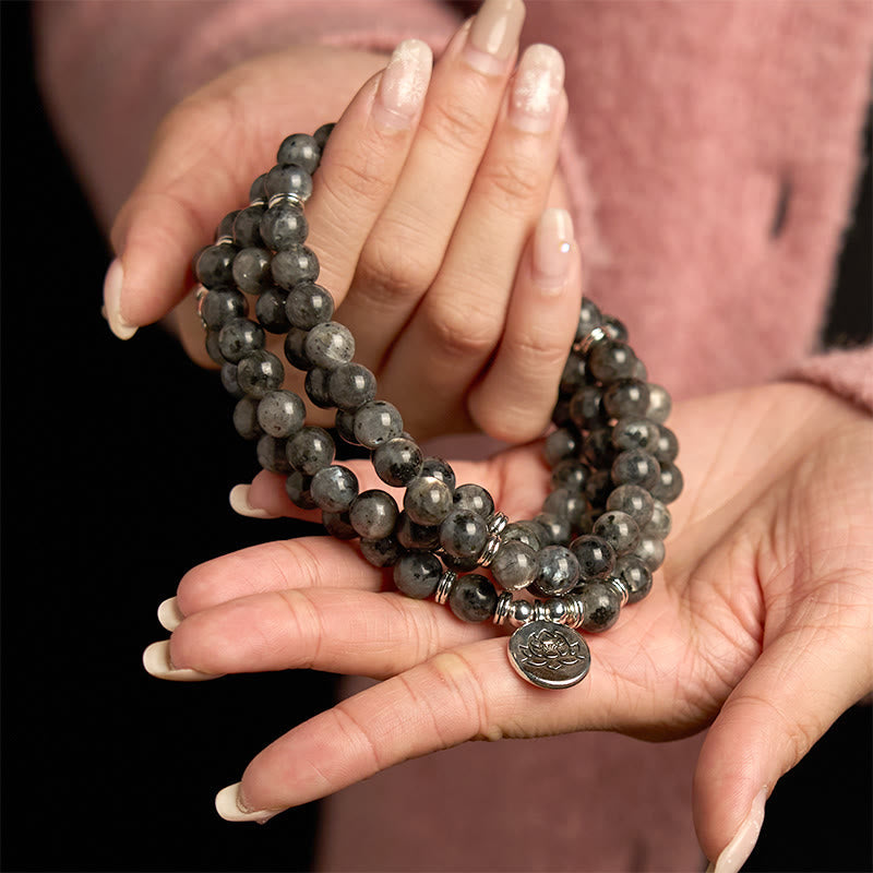 Buddha Stones 108 Mala Beads Multi-layer Natural Black Glitter Stone Lotus Positivity Bracelet - image 3