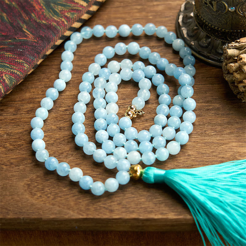 Buddha Stones 108 Mala Beads Natural Stone Aquamarine Tassel Lotus Healing Bracelet - image 5