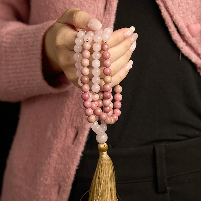 Buddha Stones 108 Mala Beads Rhodonite Rose Quartz Tassel Healing Bracelet - image 2