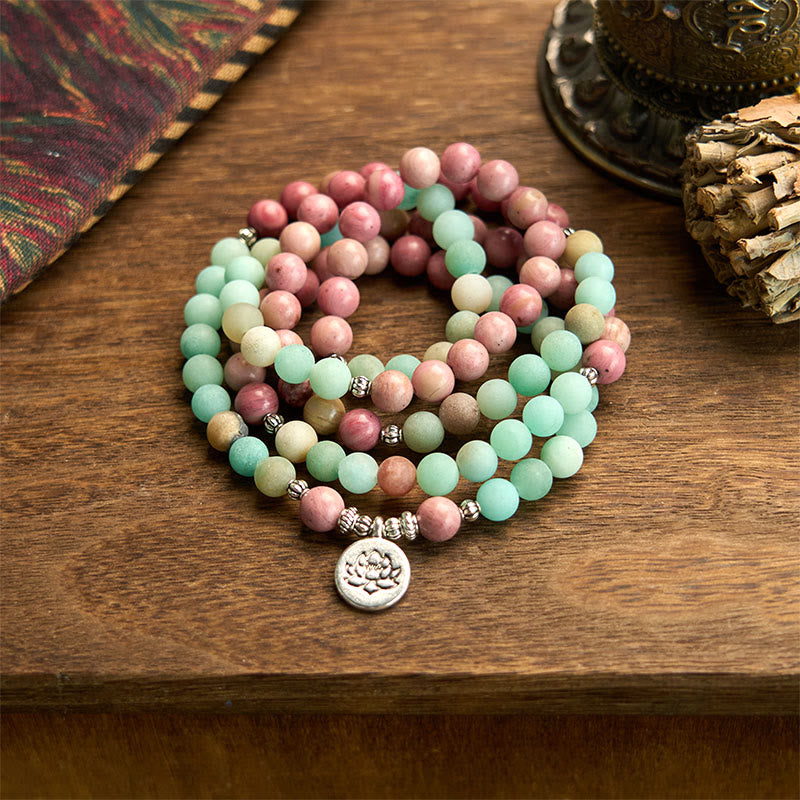 Buddha Stones 108 Mala Beads Rhodonite Amazonite Lotus Healing Bracelet - Rhodonite&Amazonite (Wrist Circumference: 14-16cm) - image 0