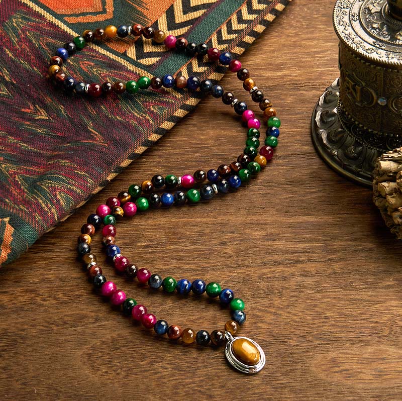 Buddha Stones 108 Mala Beads Natural Colorful Tiger Eye Stone Multi-turn Protection Bracelet - image 1