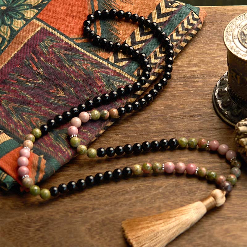 Buddha Stones 108 Mala Beads Black Jasper Rhodonite Khaki Tassel Healing Bracelet - image 5