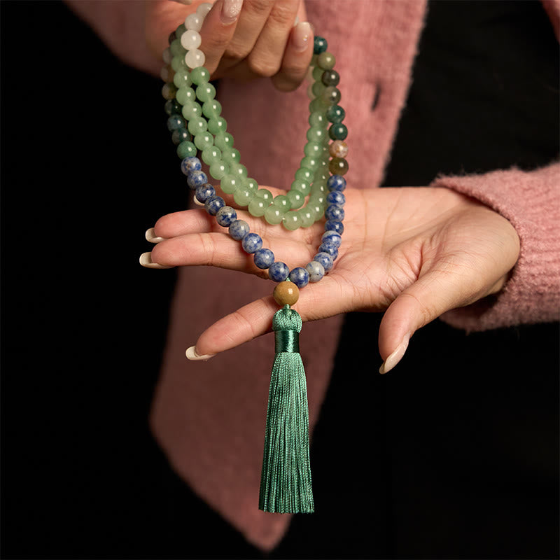Buddha Stones 108 Mala Beads Natural Green Aventurine Blue Spot Jasper Indian Agate Green Tassel Luck Bracelet - image 3