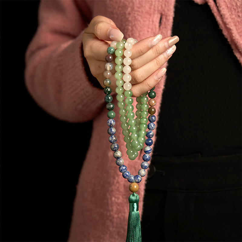 Buddha Stones 108 Mala Beads Natural Green Aventurine Blue Spot Jasper Indian Agate Green Tassel Luck Bracelet - image 2