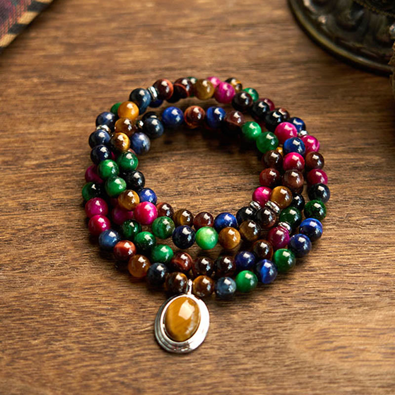 Buddha Stones 108 Mala Beads Natural Colorful Tiger Eye Stone Multi-turn Protection Bracelet - Colorful Tiger Eye (Wrist Circumference: 14-16cm) - image 0